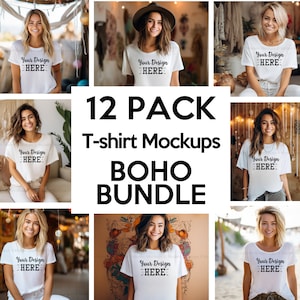 Boho White Bella Canvas Mockup Bundle, Bella Canvas 3001 Mockup, White Tshirt Model Mock Up, Hippie Bohemian Mocks, Lifestyle Mockup