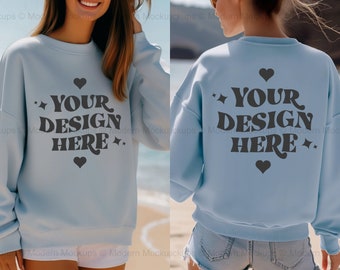 Gildan 18000 Light Blue Sweatshirt Mockup Bundle, Blue Sweatshirt Beach Mockups, Front and Back Mockups, Trendy Tropical Pullover Mockup