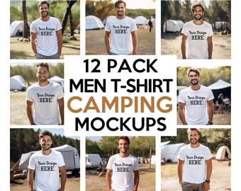 Men Camping Mockup Bundle, White Bella Canvas 3001 Mockup, American Men Mockup, T-Shirt Mockup, Male Shirt Mockup, Men’s Mockup Bundle