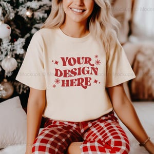 Bella Canvas 3001 Natural Tshirt Mockup | BC 3001 Natural Shirt Mock-up | Model Mock | Cozy Casual Flannel Christmas Holiday Aesthetic