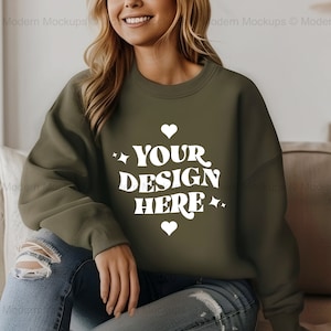 Gildan 18000 Military Green Sweatshirt Mockup, G180 Green Crewneck Mockup, Model, Gildan Green Sweater, Casual Simple Everyday G180 Mockup