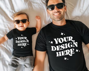 Daddy And Me Mockup, Black Family Tshirt Mockup, Father and Kids Family Mock-up, Black Bella Canvas 3001 T-shirt, Dad And Baby Onesie Mocks