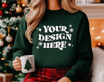 Gildan 18000 Forest Green Sweatshirt Christmas Mockup | G180 Crewneck Mock-up | Model Mock | Cozy Casual Holiday Christmas Aesthetic