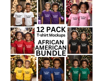 Farbiges Weihnachts-T-Shirt-Mockup-Bundle, Bella Canvas 3001 Farbiges T-Shirt-Mockup, afroamerikanische Geschwister, Weihnachtsmodell, leeres T-Shirt