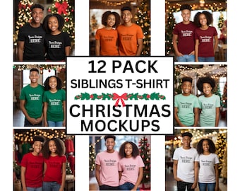 Farbiges Weihnachts-T-Shirt-Mockup-Bundle, Bella Canvas 3001 Farbiges T-Shirt-Mockup, afroamerikanische Geschwister, Weihnachtsmodell, leeres T-Shirt