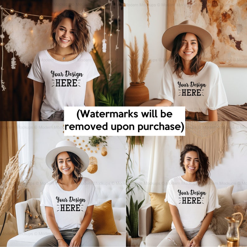 Boho White Bella Canvas Mockup Bundle, Bella Canvas 3001 Mockup, weißes Tshirt Modell Mock Up, Hippie Boho Mocks, Lifestyle Mockup Bild 3