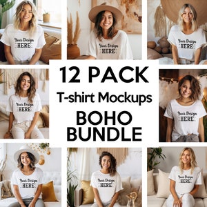 Boho White Bella Canvas Mockup Bundle, Bella Canvas 3001 Mockup, weißes Tshirt Modell Mock Up, Hippie Boho Mocks, Lifestyle Mockup Bild 1