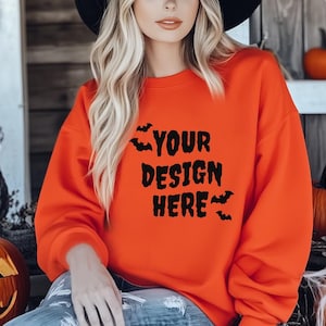 Gildan 18000 Orange Halloween Sweatshirt Mockup, G18000 Crewneck Sweatshirt Mockup, Halloween Mockup, Popular Unisex Sweatshirt Mock-up