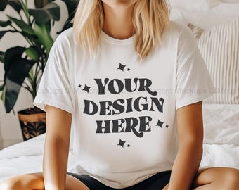 Comfort Colors White Color Shirt Mockup, CC1717 White T-Shirt Woman Model, Summer Mockup, Trendy Mockup, White Tee Lifestyle Download