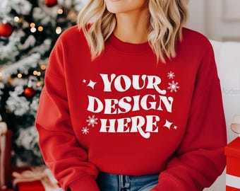 Gildan 18000 Red Sweatshirt Mockup | G180 Red Crewneck Mock-up | Model Mock | Cozy Trendy Festive Christmas Morning Aesthetic Sweater