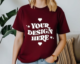 Gildan 5000 kastanjebruin T-shirtmodel, G500 kastanjebruin T-shirtmodel, modelmodel, Gildan eenvoudig T-shirt, casual minimaal neutraal esthetisch shirt