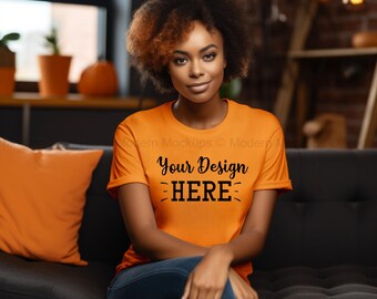 Halloween T-shirt Mockup, Fall Bella Canvas 3001 Burnt Orange T-shirt Mockup, Lifestyle, African American Model, Autumn mockup, Blank Shirt