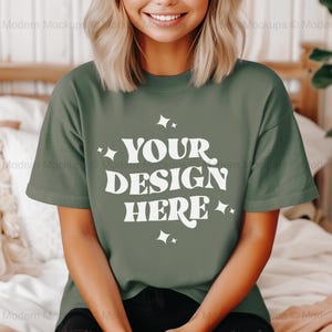 Comfort Colors Moss Color Shirt Mockup, CC1717 Moss T-Shirt Woman Model, Summer Mockup, Trendy Mockup, Moss Tee Lifestyle Download