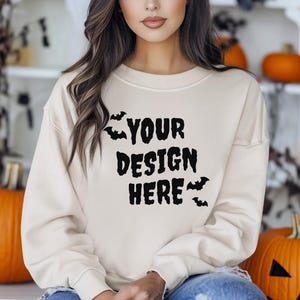 Gildan 18000 Sand Halloween Sweatshirt Mockup, G18000 Crewneck Sweatshirt Mockup, Halloween Mockup, Popular Unisex Sweatshirt Mock-up