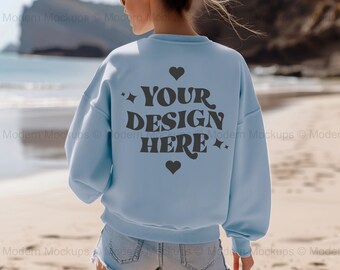 Gildan 18000 Light Blue Sweatshirt Back Mockup, Oversized Blue Sweater Mockup, Aesthetic Outdoors Beach Mockup Trendy Blue Model Mockup