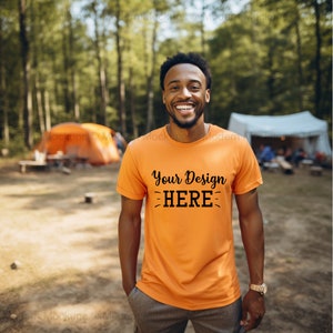 Orange Bella Canvas 3001 Mockup, Camping T-Shirt Mockup, African American Model, Male T-shirt Mockup, Male Model Mockup, Men Model Mockup