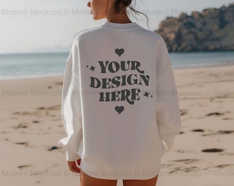 Gildan 18000 White Sweatshirt Back Mockup, White Sweatshirt Beach Mock-up, G180 White Crewneck Back Mockup, Trendy Tropical Pullover Mockup