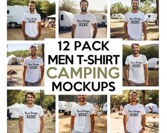 Men Camping Mockup Bundle, White Bella Canvas 3001 Mockup, American Men Mockup, T-Shirt Mockup, Male Shirt Mockup, Men’s Mockup Bundle