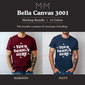 May include: A mockup bundle featuring two t-shirts, one maroon and one navy blue, each with the text "YOUR DESIGN HERE" in white. The image includes the text "Bella Canvas 3001" and "Mockup Bundle | 12 Colors".