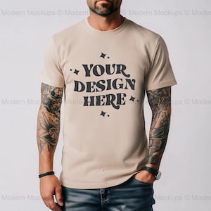Gildan 5000 Sand T-Shirt Mockup | Male G500 Tshirt Mock-up | Model Mock | Casual Simple Mock | Mens Gildan 5000 Shirt Front