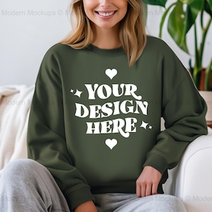 Gildan 18000 Military Green Sweatshirt Mockup | G180 Green Crewneck Mockup | Model Mock | Gildan 18000 Military Green Sweater | SimpleMockup