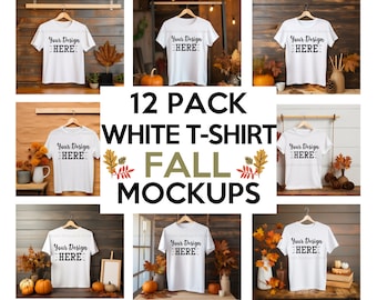 Fall T-Shirt Mockup Bundle, Fall Bella Canvas 3001 White T-Shirt Mockup, Lifestyle, Hanging Mockup, Autumn mockup, Blank T-Shirt