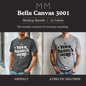 May include: A mockup bundle featuring Bella Canvas 3001 t-shirts in 12 colors. The image shows two t-shirts, one asphalt and one athletic heather, each with the text "YOUR DESIGN HERE". The shirts are displayed on a person.