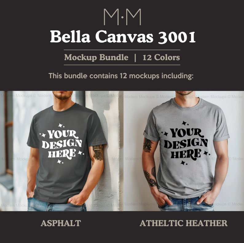 May include: A mockup bundle featuring Bella Canvas 3001 t-shirts in 12 colors. The image shows two t-shirts, one asphalt and one athletic heather, each with the text "YOUR DESIGN HERE". The shirts are displayed on a person.