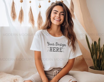 Boho White Bella Canvas Mockup, Bella Canvas 3001 Crop Top Mockup, weißes Tshirt Modell Mock Up, Hippie Boho Mocks, Lifestyle Mockup