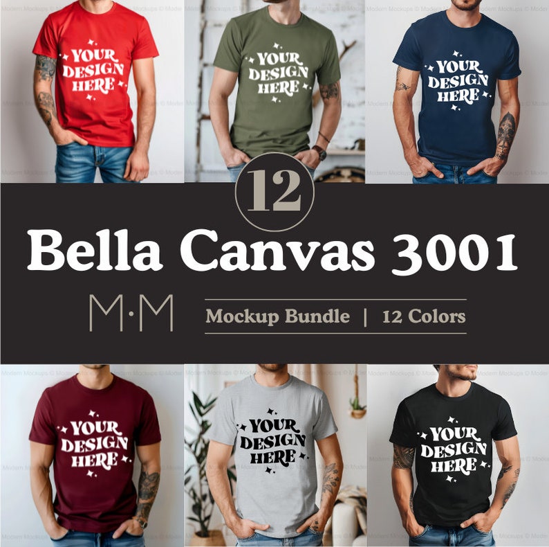 May include: A mockup bundle of Bella Canvas 3001 t-shirts in 12 colors. Each shirt features the text "YOUR DESIGN HERE" in white. The image showcases various t-shirt colors, including red, olive green, navy blue, burgundy, gray, and black.