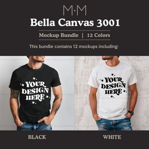 May include: A mockup bundle featuring Bella Canvas 3001 t-shirts in black and white. Each shirt displays the text "YOUR DESIGN HERE" in a stylized font. The image includes the text "Mockup Bundle | 12 Colors".
