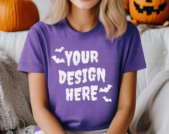 Bella Canvas 3001 Heather Team Purple Shirt Mockup | BC 3001 T-shirt Mockup | Model Mock | Fun Spooky Fall Halloween Styled Aesthetic Tshirt