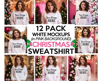 Weißes Sweatshirt Pink Christmas Mockup Bundle, Brunette Models, Bella Canvas 3001 Weißes Sweatshirt Mockup, Blank Sweatshirt Mockup