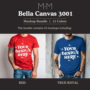 May include: A mockup bundle featuring two t-shirts: one red and one true royal blue. Each shirt displays the text "YOUR DESIGN HERE" in white. The image also includes the text "Bella Canvas 3001" and "Mockup Bundle | 12 Colors".