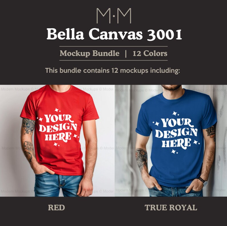May include: A mockup bundle featuring two t-shirts: one red and one true royal blue. Each shirt displays the text "YOUR DESIGN HERE" in white. The image also includes the text "Bella Canvas 3001" and "Mockup Bundle | 12 Colors".