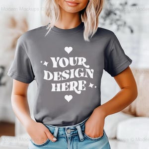 Gildan 64000 Charcoal Tshirt Mockup | G640 T-Shirt Mock-up | Model Mock | Neutral Simple Spring Summer Gildan 640 Tee Shirt Mocks