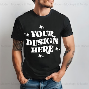 Mockup T-shirt Bella Canvas 3001 zwart | Model T-shirt BC3001 heren | Mockup echt model | Eenvoudige eenvoudige Bella-canvas heren 3001