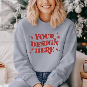 Gildan 18000 Sport Grey Sweatshirt Mockup | G180 Crewneck Mock-up | Model Mock | Cozy Trendy Festive Christmas Morning Aesthetic Sweater