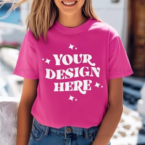 Fuchsia Bella Canvas Tee Mockup, Pink Shirt Mockup, BC 3001 T-Shirt Mockup Casual Fuchsia Tee Mockup Realistic Bella Canvas 3001