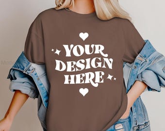Comfort Colors C1717 Espresso Shirt Mockup | CC-1717 Braunes T-Shirt Mock-Up | Modell Mock | Einfache Minimal Lange Untucked Tshirt Ästhetik