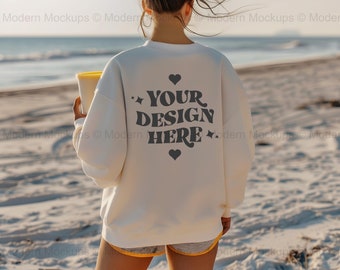 Gildan 18000 White Sweatshirt Back Mockup, White Sweatshirt Beach Mock-up, G180 White Crewneck Back Mockup, Trendy Tropical Pullover Mockup
