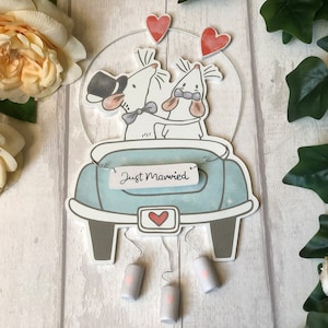 Mr & Mrs Just Married Mice in Car Hanging Wedding Gift