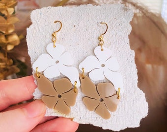 Neutral Acrylic Double Flowers, Customisable Colours Stainless Steel Gold Hook Earrings