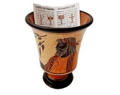 Pythagorean cup,Greedy Cup 11cm glazzed,Yellow background,Shows Pythagoras