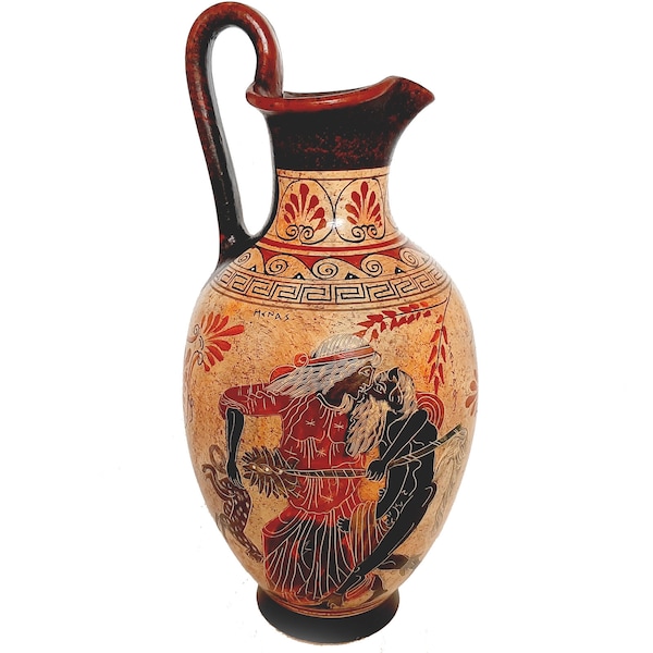 Griechische Keramikdose, Vase 36cm, Satyr mit Menas, Briseis mit Phoenix