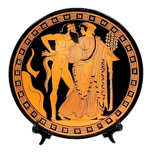 Greek Plate 24cm,Red Figure Pottery,showing Satyr & Maenad