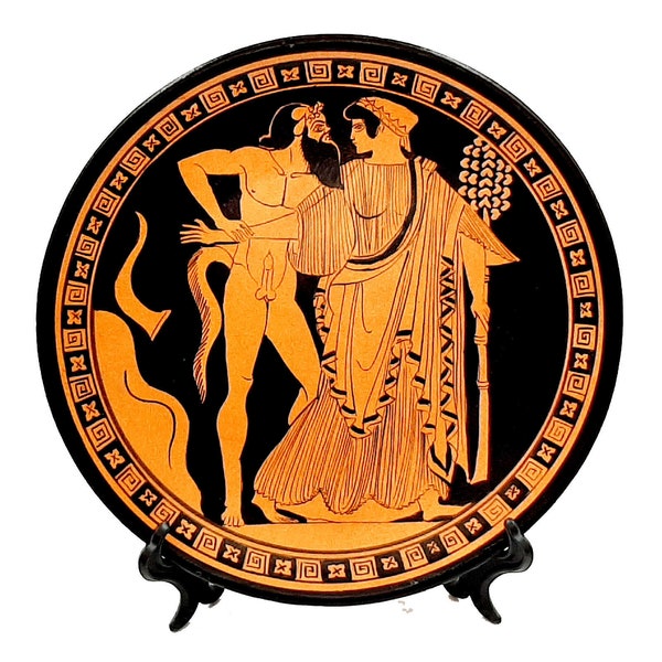 Greek Plate 24cm,Red Figure Pottery,showing Satyr & Maenad