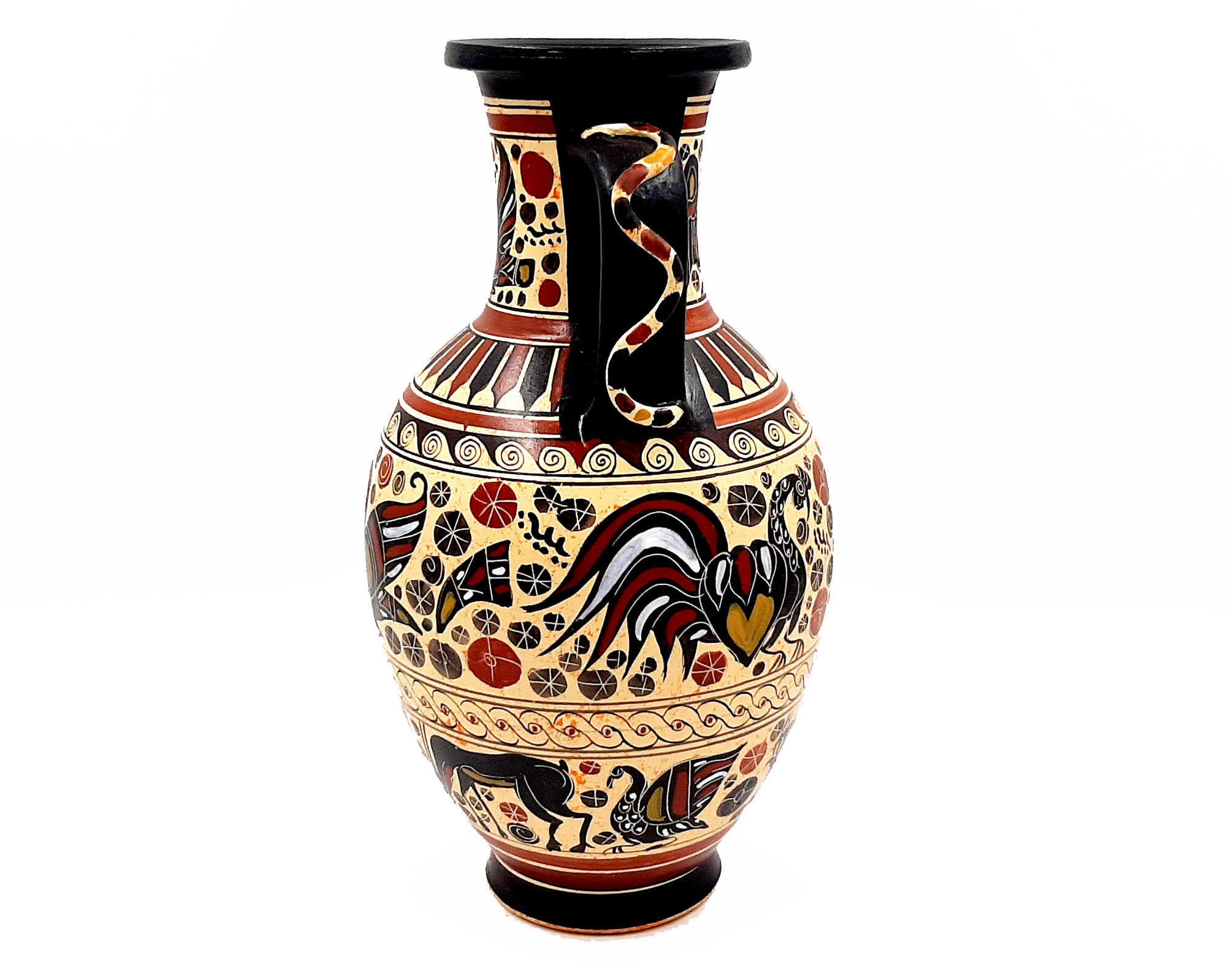 ギリシャ　壺　アンフォラ ギリシャの壺アンフォラ 26 cm、取っ手に蛇の模様、コリント美術