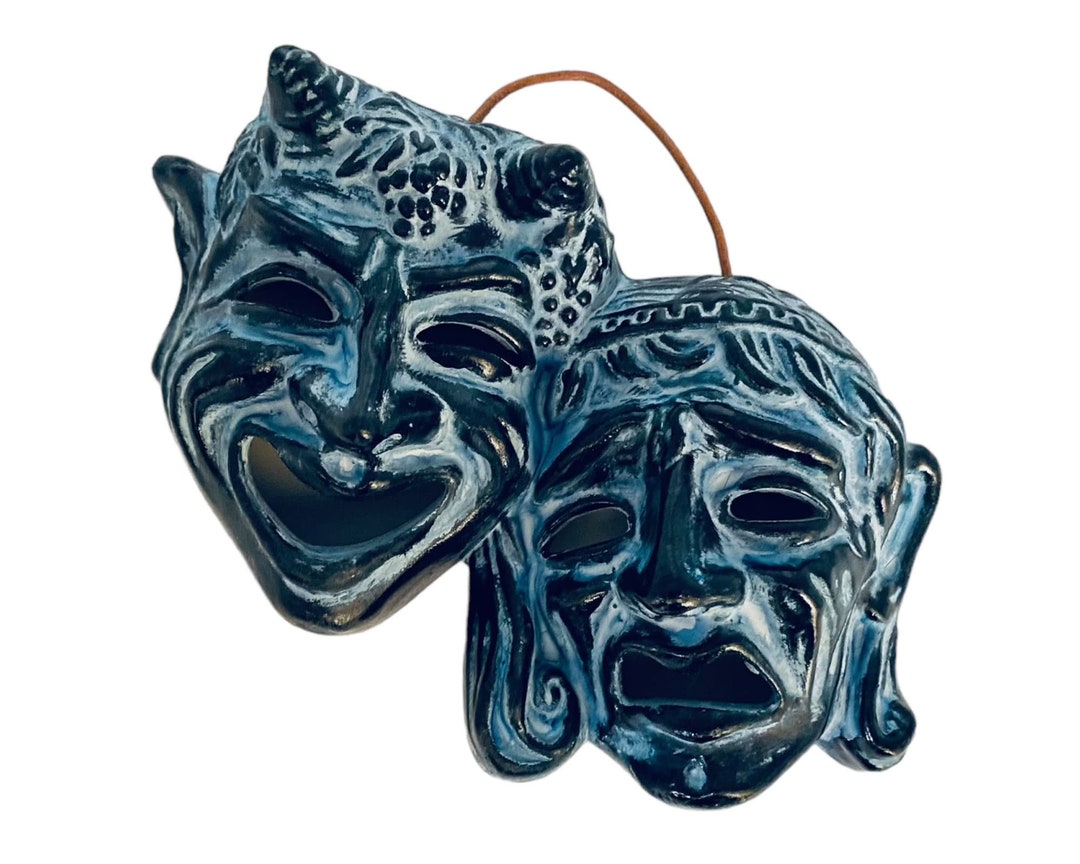 Greek Theater Masks ,tragedy and Comedy,relief Terracotta, Blue