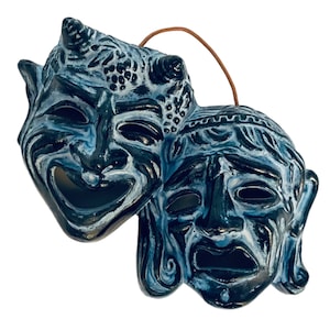Máscaras de teatro griego, tragedia y comedia, relieve de terracota, pátina azul, decoración de pared, 18 x 14 cm
